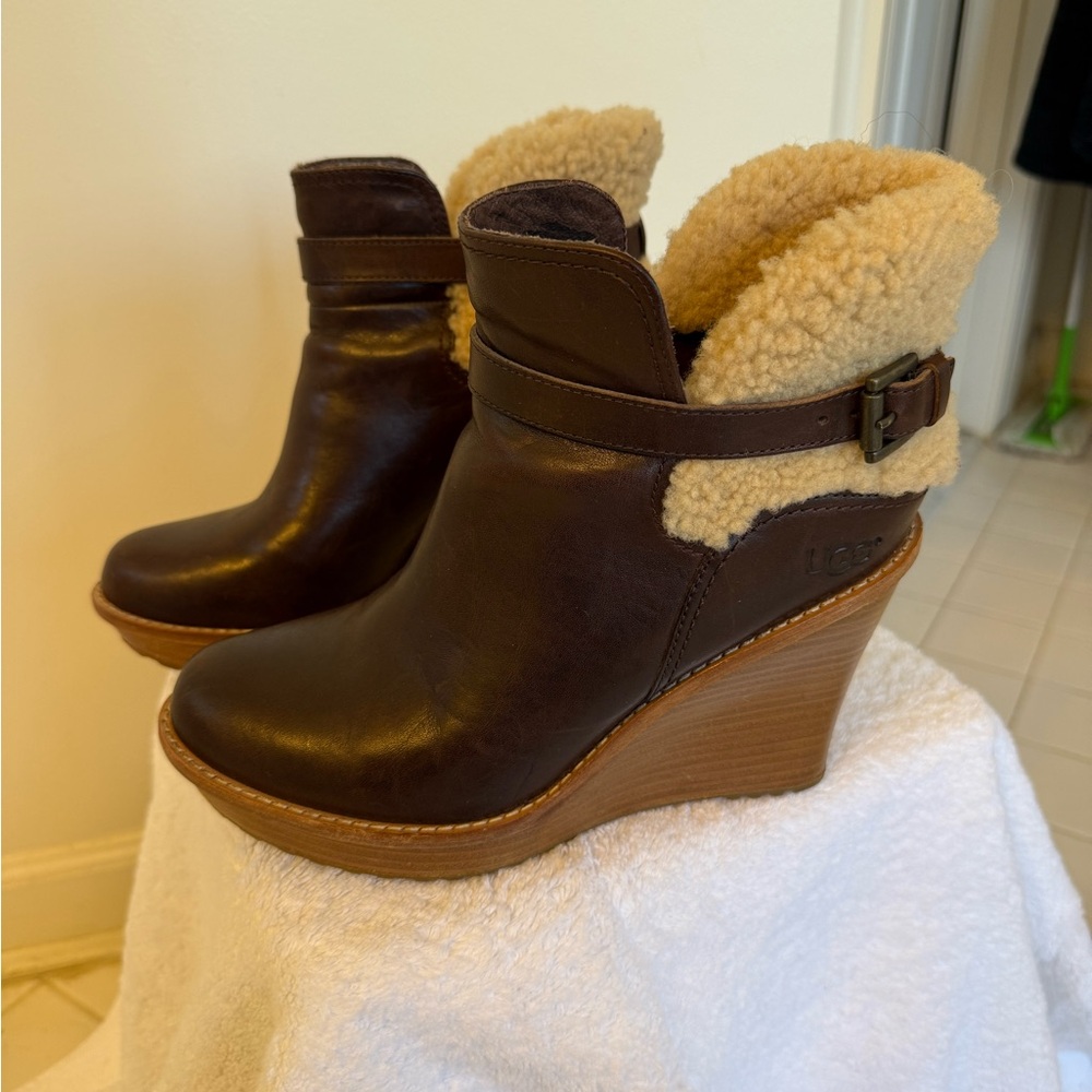 UGG Dark Brown Wedge Boots with Cream Shearling